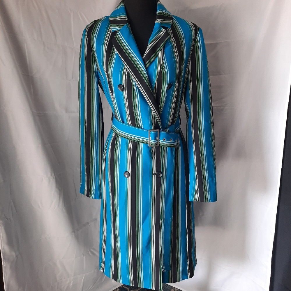 I N C Striped Trench Coat Womens Sz Small Blue Black Belted Buttons